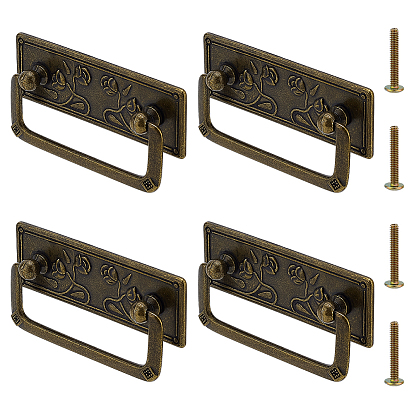 4Pcs Zinc Alloy Drawer Handles, with 8Pcs Screws, Rectangle with Flower Pattern
