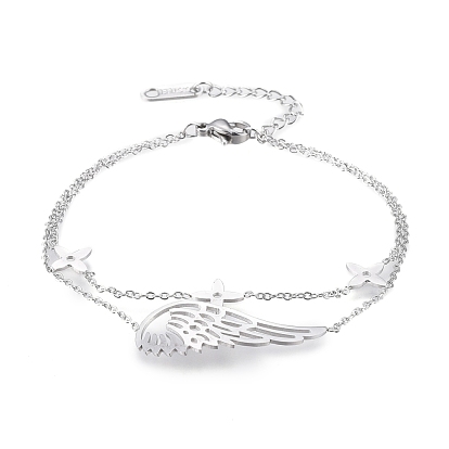 304 Stainless Steel Multi-strand Bracelets, with Cable Chains and Lobster Claw Clasps, Wing with Flower
