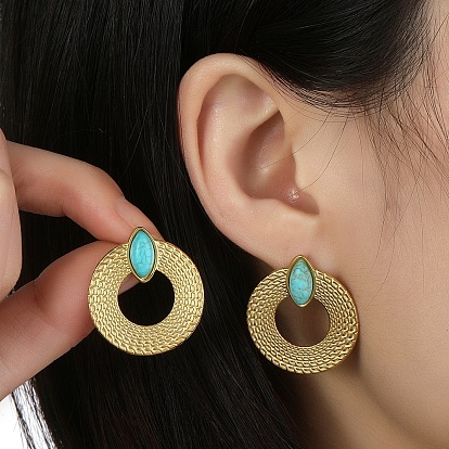 201 Stainless Steel Donut Stud Earrings with Synthetic Turquoise Horse Eye, with 304 Stainless Steel Pins