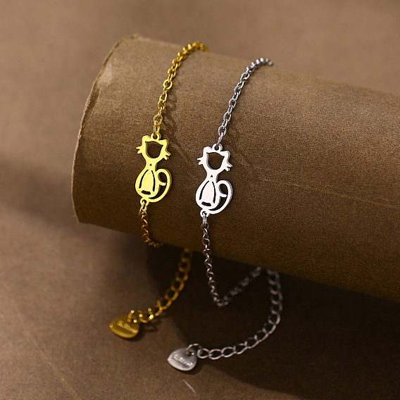304 Stainless Steel Cat Shape Link Bracelets, Cable Chain Bracelets for Women