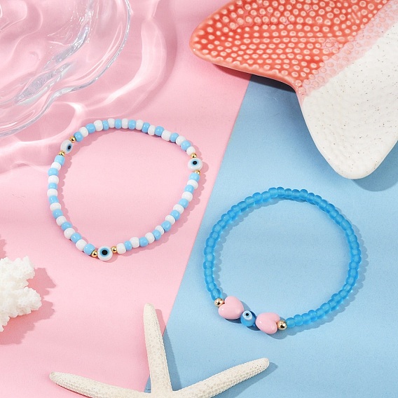 2шт. стеклянные бусины эластичные браслеты для женщин, с дурным глазом и сердечным амулетом