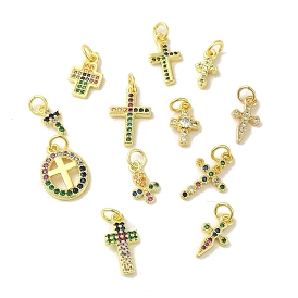 Brass Micro Pave Cubic Zirconia Charms, Real 18K Gold Plated, Cross Charms