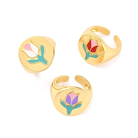 Round with Tulip Brass Enamel Open Cuff Rings, Signet Rings for Women, Lead Free & Cadmium Free, Real 18K Gold Plated