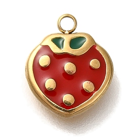 PVD Vacuum Plating 304 Stainless Steel Enamel Charms, Strawberry Charm, Real 18K Gold Plated