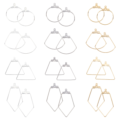 24Pcs 12 Style Sector & Ring & Trapezoid & Rhombus 304 Stainless Steel Pendants, Hoop Earring Findings