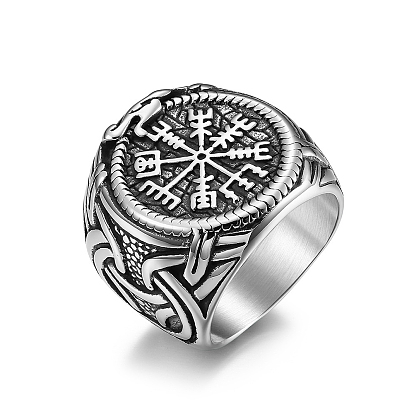 Stainless Steel Wide Finger Ring, Rune Words Odin Norse Viking Amulet Jewelry