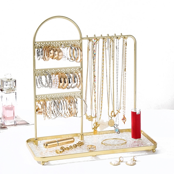 Iron Jewelry Display Rack, Jewelry Organizer Stand with Tray, For Hanging Necklaces Earrings Bracelets