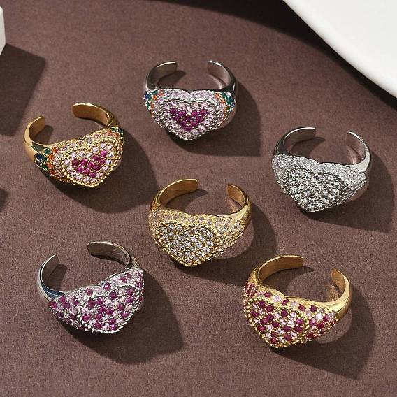 Кольца-манжеты в форме сердца из латуни с микропаве из кубического циркония для женщин, без кадмия и без свинца, стойки покрытие, настоящий 18k позолоченный/платиновый