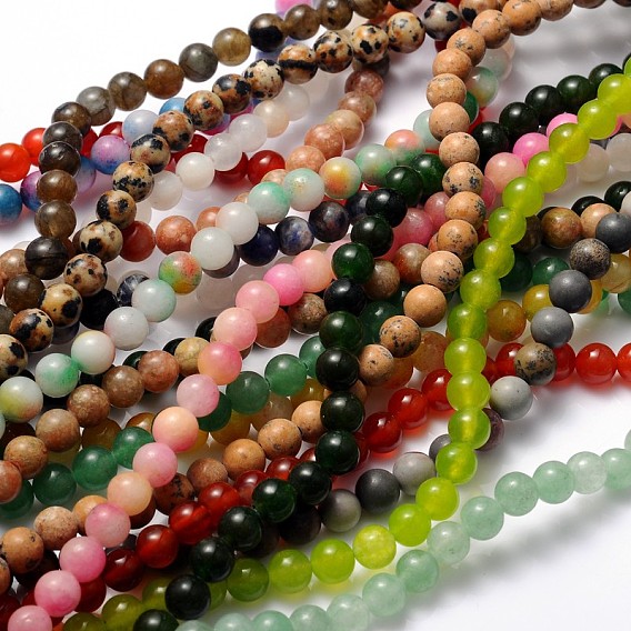 Teints jade naturel perles brins, ronde, couleur mixte, 6mm, Trou: 0.8mm, Environ 65 pcs/chapelet, 15.5 pouce