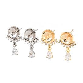 Фурнитура для сережек-гвоздиков в форме капли с микропаве из прозрачных кубических цирконий из латуни, за половину пробурено бисера, с 925 штырями стерлингового серебра