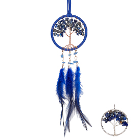 2шт 2 стиль латунная плетеная сетка/паутина с подвесными украшениями из перьев, с деревом жизни, натуральным лазуритом и кусочками содалита