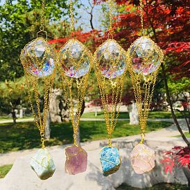 Hot Air Balloon K9 Ball Pendant Decoration with Natural Gemstone Wind Chime, Metal Parachute