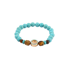 Браслеты из бусин синтетической бирюзы и натурального тигрового глаза, браслеты с подвесками из цинкового сплава и эмалью для женщин, плоские круглые с информационно лентой