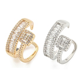 Brass Micro Pave Cubic Zirconia Cuff Rings, Rectangle Open Rings for Women, Long-Lasting Plated