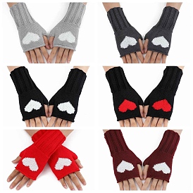 Gants sans doigts à tricoter en fil de fibre acrylique, gants chauds d'hiver à motif coeur bicolore avec trou pour le pouce