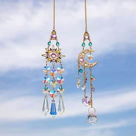 Glass Window Hanging Suncatchers, with Colorful Glass Rhinestones and Alloy Finding Decorations Ornaments, Sun/Moon