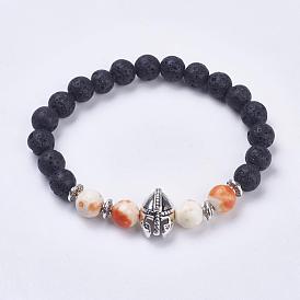 Bracelets extensibles en pierre de lave naturelle, avec des perles de pierres précieuses et de perles en alliage de style tibétain, casque de gladiateur