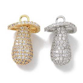 Rack Plating Brass Micro Pave Clear Cubic Zirconia Pendants, Long-Lasting Plated, Lead Free & Cadmium Free, Mushroom Charms