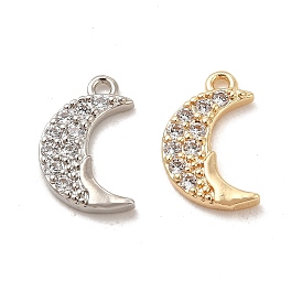 Rack Plating Brass Micro Pave Clear Cubic Zirconia Pendants, Long-Lasting Plated, Cadmium Free & Lead Free, Moon Charm