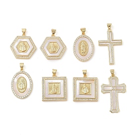 Brass Micro Pave Clear Cubic Zirconia Pendants, with Shell Charms, Virgin Mary, Real 18K Gold Plated