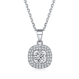 925 Sterling Silver Micro Pave Cubic Zirconia Pendant Necklaces, Square