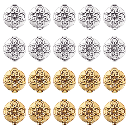 48Pcs 2 Colors Tibetan Style Alloy Beads, Flat Round with Flower