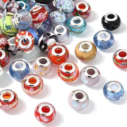 Смешанный ручной работы Lampwork золото песчаных европейская большая дыра Rondelle бусы, с серебряного цвета латуни двойные сердечники, 14x9 мм, отверстие : 5 мм