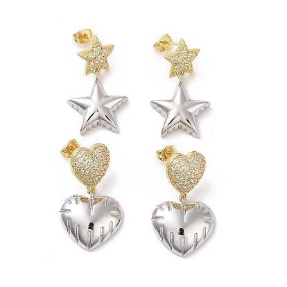 Two Tone Brass Micro Pave Clear Cubic Zirconia Dangle Stud Earrings, Platinum & Golden