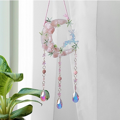 Подвеска из натурального розового кварца в форме луны, стеклянная каплевидная кисточка для украшения дома и автомобиля