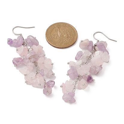 Natural Rose Quartz & Amethyst Chip Beaded Dangle Earrings, Cluster Earrings with 304 Stainless Steel Pins