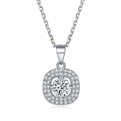 925 Sterling Silver Micro Pave Cubic Zirconia Pendant Necklaces, Square
