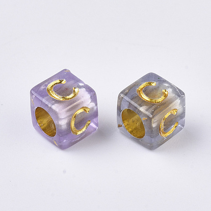 Transparent Plated Acrylic Beads, Horizontal Hole, Cube with Random Initial Letter
