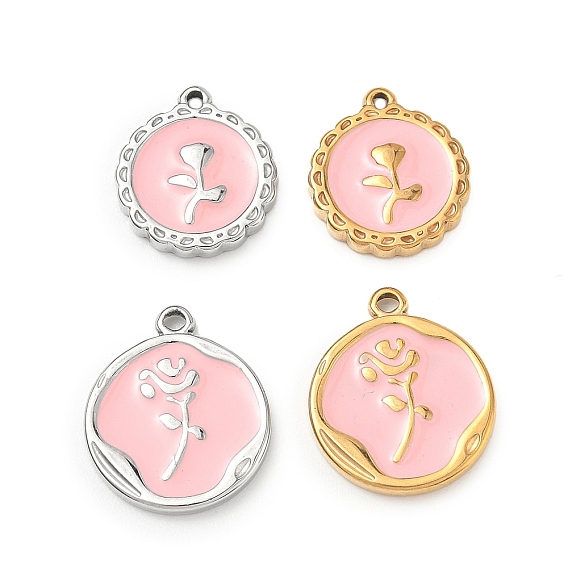 304 Stainless Steel Enamel Pendants, Flat Round with Rose Flower Pattern Charms