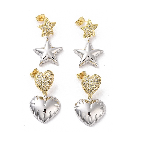 Two Tone Brass Micro Pave Clear Cubic Zirconia Dangle Stud Earrings, Platinum & Golden