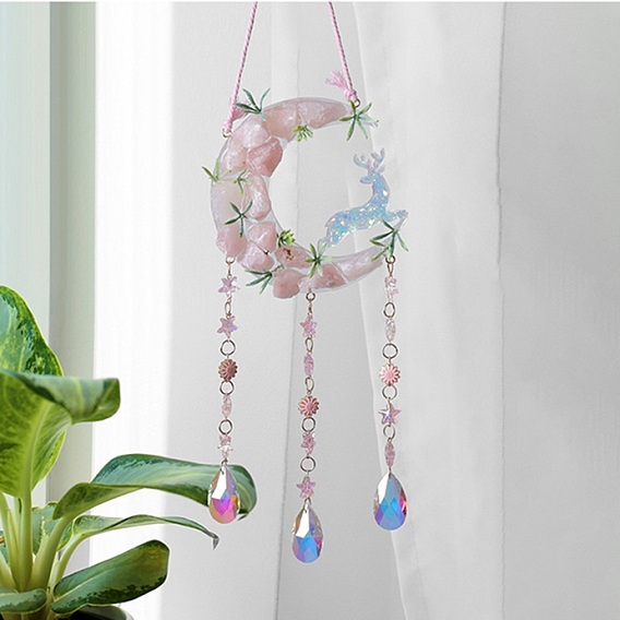 Подвеска из натурального розового кварца в форме луны, стеклянная каплевидная кисточка для украшения дома и автомобиля