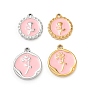 304 Stainless Steel Enamel Pendants, Flat Round with Rose Flower Pattern Charms