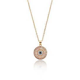 Unicraftale 304 Stainless Steel Pendant Necklaces, with Brass Cubic Zirconia Pendants, Flat Round with Eye