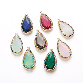 Brass Micro Pave Cubic Zirconia Pendants, with Faceted Glass, Drop, Golden