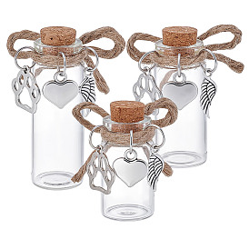 3шт. 3 размеры прозрачные стеклянные пустые бутылки с подвесками в виде отпечатков лап из сплава, сердечек, перьев и пробковой пробкой, для хранения шерсти домашних животных, колонка, платина