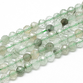 Natural Green Rutilated Quartz Beads Strands, Faceted, Round