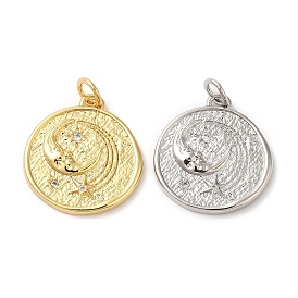 Brass Micro Pave Cubic Zirconia Pendants, with Jump Ring, Lead Free & Cadmium Free, Flat Round with Moon & Star
