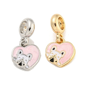 Rack Plating Alloy Enamel Heart with Dog European Dangle Charms, Large Hole Pendants, Pink, Cadmium Free & Nickel Free & Lead Free