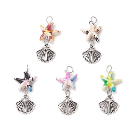 Подвески в форме ракушек из окрашенной синтетической бирюзы и сплава в виде морских звезд/морских звезд, античное серебро