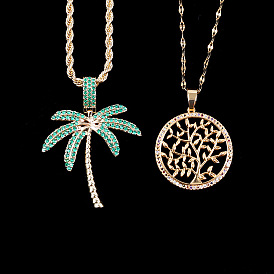 Copper-plated Gold Tree of Life Hip-hop Necklace with Coconut Micro-inlay Pendant