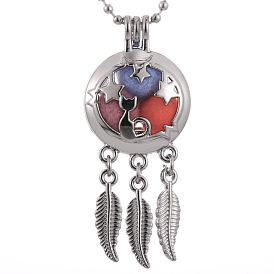 Alloy Diffuser Locket Pendants, with Cat and Star Pattern, Excluding Chain, Woven Net/Web with Feather