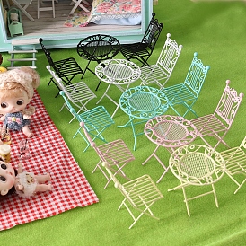 Mesa y sillas de hierro, mini muebles, decoraciones de jardín de casa de muñecas en miniatura