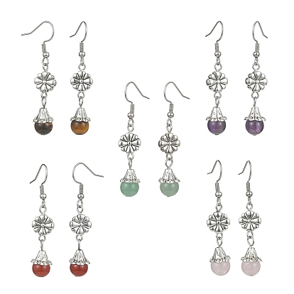 5 Pairs 5 Style Natural Mixed Genstone Teardrop Dangle Earrings, Alloy Flower Drop Earrings