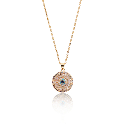 304 Stainless Steel Pendant Necklaces, with Brass Cubic Zirconia Pendants, Flat Round with Eye