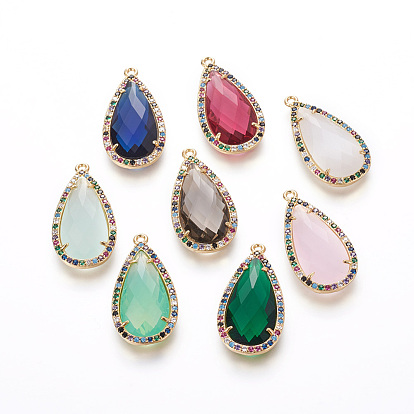 Brass Micro Pave Cubic Zirconia Pendants, with Faceted Glass, Drop, Golden