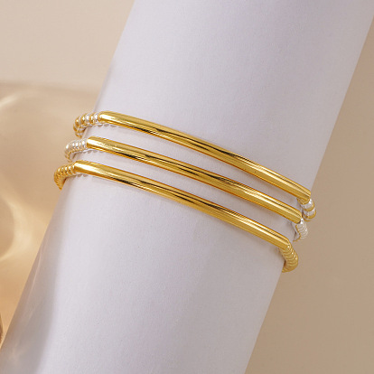 3шт. 3 Стильные браслеты из эластичной ленты с круглыми латунными бусинами и изогнутыми трубками для женщин, два тона